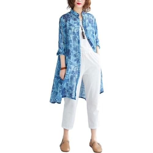 Oversized Blue Printed Women Shirts 2020 Summer New Long Loose Casual All Match Outwear Coat Lady Tops