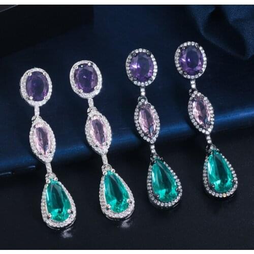 ThreeGraces Delicate Multicolor Cubic Zirconia Black Gold Long Dangle Drop Earrings for Women Trendy Party Costume Jewelry ER491