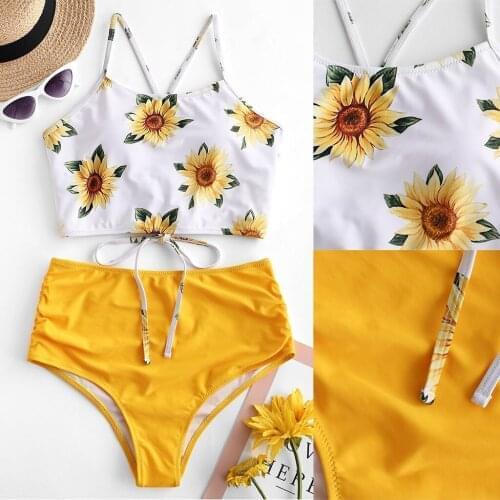 Womens Swimsuit Fashion Sunflower Printing Bandage Two Piece Bikini Set Brazilian Swimwear Beachwear Swimsuit Купальник Женский