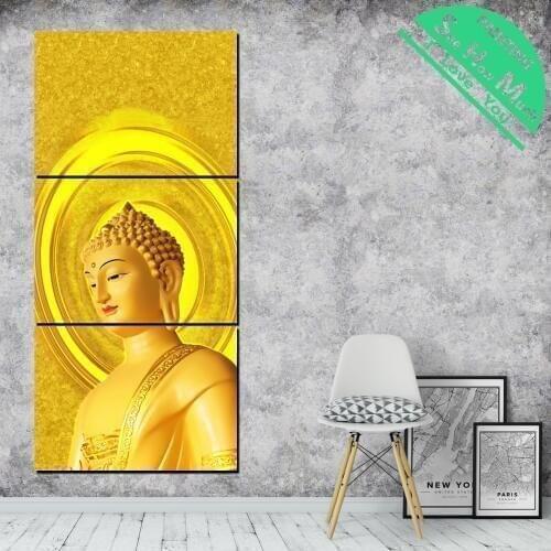 3 Pieces Golden Shinning Buddha Tradition HD Printed Canvas Painting Pictures for Home Decoration Wall Art Living Room Poster