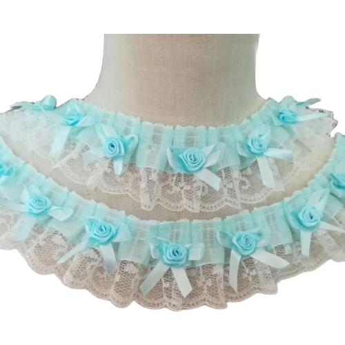 1Yards Latest Lace Fabric Pleated Guipure Rose Ribbon 5cm Sky Blue Lace Fabric Sewing Wedding Party Dress Ribbons dentelle LA35