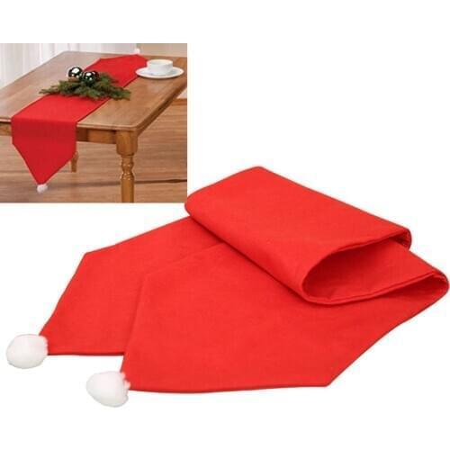 176x34CM Christmas Table Runner Mat Non-woven Fabric Tablecloth Christmas Flag Home Party Decor Red Table Runners with Hair Ball