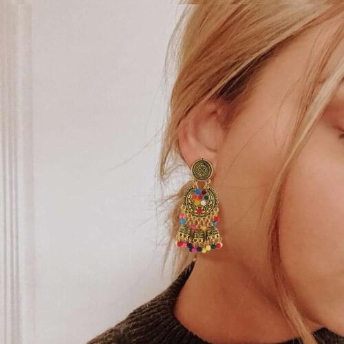 Bohemia Gypsy Retro Big Gold Metal Multi color Beaded Large Dangling Earrings For Women Jhumka Indian Turk Party Jewelry