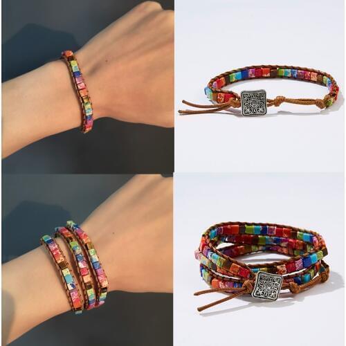 Handmade Adjustable Bracelet 1/3 Layer Square Seven Chakras Emperor Stone Hand-knotted Boho Leather Natural Stone Beads Bracelet