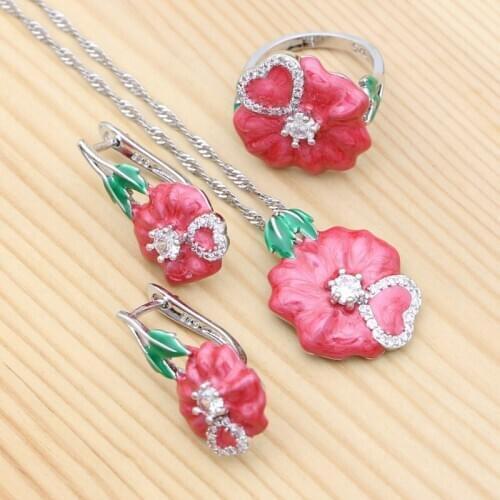 Flower Bridal Jewelry Set for Women 925 Silver Stud Earrings Pendant Necklace Ring Red Enamel Jewelry Wedding Gift