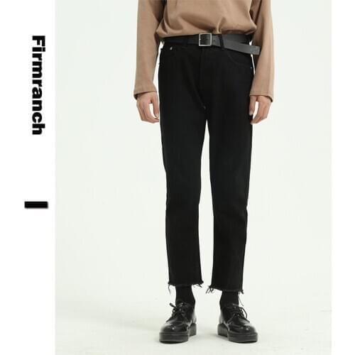 Firmranch Spring Men/Women Black Casual Slimming Japanese Jeans Pencil Pants Straight Trousers Rough Selvedge Ninth Pants