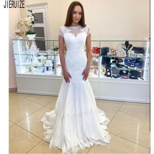 JIERUIZE Charming Mermaid Wedding Dresses O Neck Short Sleeves Bridal Gowns Lace Up Back New Lace Bride Dresses robe de mariee
