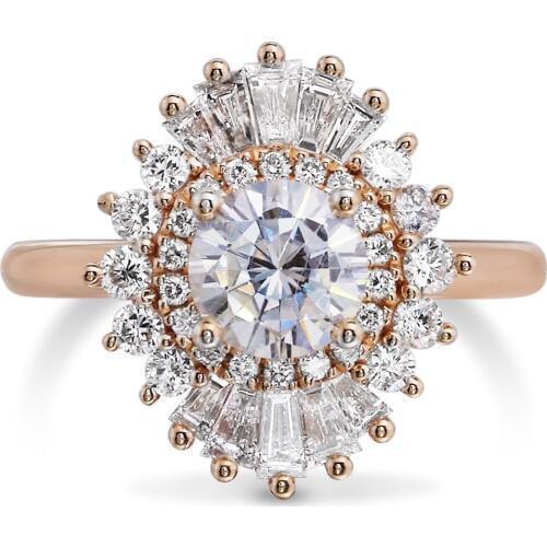Round Brilliant Cut Moissanite Engagement Ring 1.00 carat 6.5mm with Luxurious Side Stone Halo Solid 14k Rose Gold
