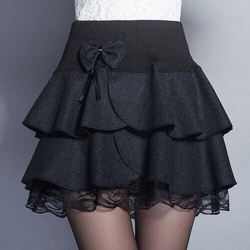 Lace Bow Mini Skirts Women Cake Pleated Autumn Elastic High Waist Woolen Skirts Mujer Faldas Emo Goth Skirt Streetwear Women