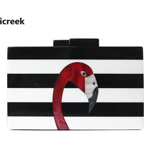 Fashion Brand new black and white striped flamingo clutch purse elegant acrylic evening bag women messenger casul shoulder bags