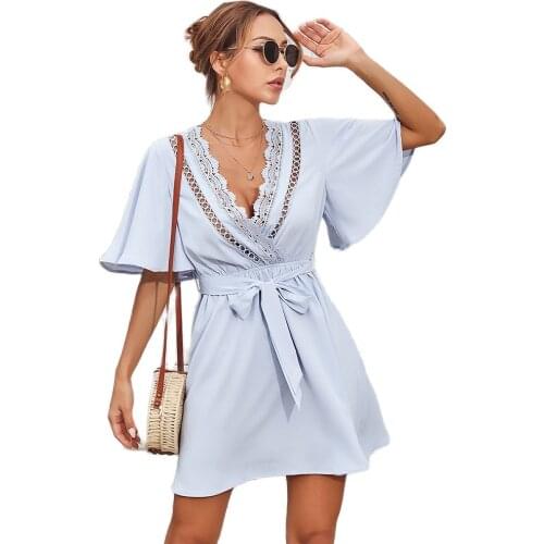 New Design Good Quality Factory Price Fashion Hot Selling Womens Solid Color Hollow V-Neck Flared Sleeve Belt Dress
