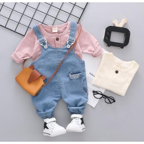 Infant Clothing 2021 Spring Winter Clothes for Newborn Baby 2Pcs Kid Outfit Shirt + Overalls Jeans Pant Girls Boys Tracksuit