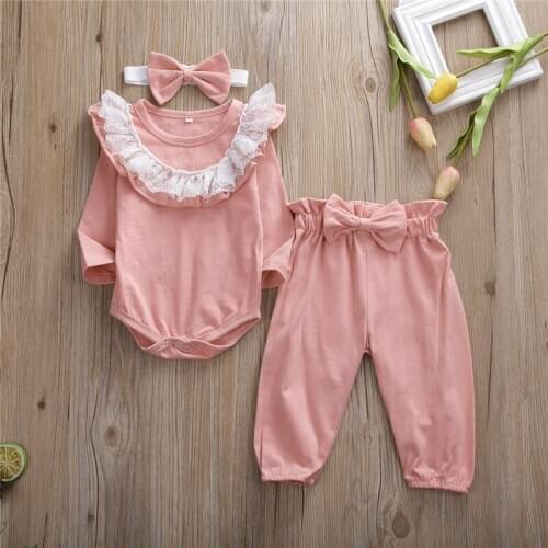 Newborn Toddler Baby Girls free shipping Clothes solid Pants bow Headband lace round neck long sleeve Bodysuit 3pc cotton outfit