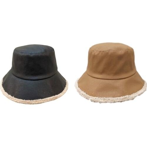 Unisex Autumn Double Sided Reversible Bucket Hat Artificial Leather Faux Fleece Thick Warm Packable Panama Fisherman Cap