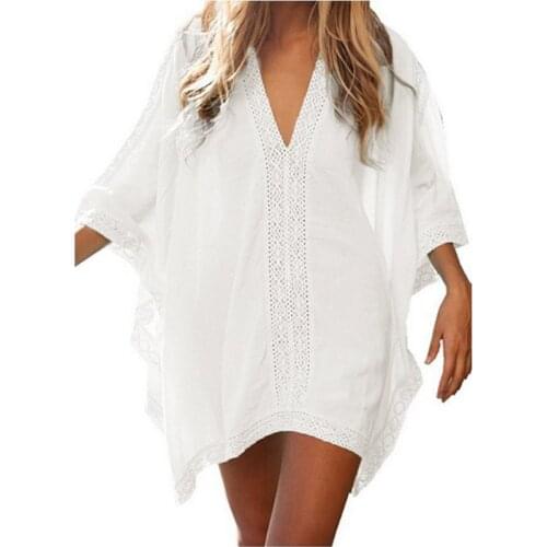 Beach Cover Ups 2021 Summer Women Beach Dress Bikini Chiffon Short Dredd Beachwear Solid Swimsuit Sexy Deep V-Neck Robe Tunic