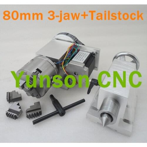 Hollow Shaft 80mm dia.3-Jaw Chuck CNC Rotary Axis 4th Axis+Live Center Tailstock Kits for Desktop Mini DIY CNC Router 3040/4060