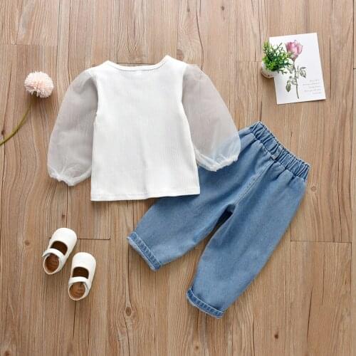 Girls Casual Two-piece Clothes Set, White Round Collar Tops with Yarn Sleeves Design and High Waist Jeans