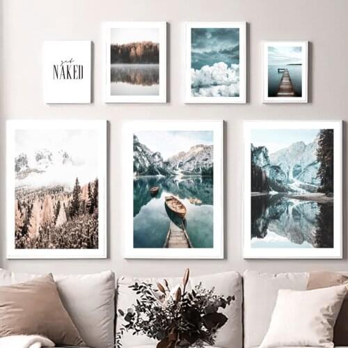 Calm Lake Boat Bridge Tree Forest Clouds Nordic Posters And Prints Nature Art Canvas Painting Wall Pictures Living Room Decor
