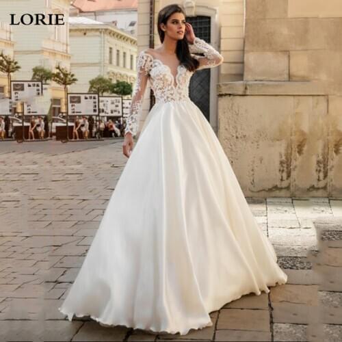 LORIE Boho Wedding Dresses Long Sleeve Satin Skirt Princess Bridal Gown Vestido de novia 2020 Buttons Back Wedding Gowns