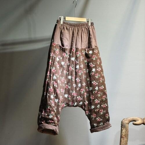 Warm Women Pants 2020 Winter Cotton Padded Floral Elastic Waist Vintage Floral Big Size Loose Baggy Thick Warm Trousers Female