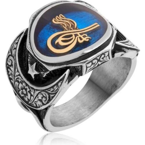 Tevuli 925 Sterling Silver Blue Tuğralı Male Ring