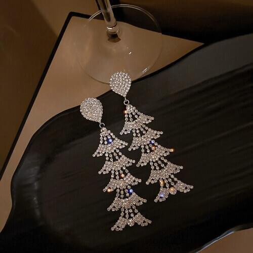 Europe and America Popular Women Long Umbrella Earrings Water Full Rhinestone Office career Jewelry
