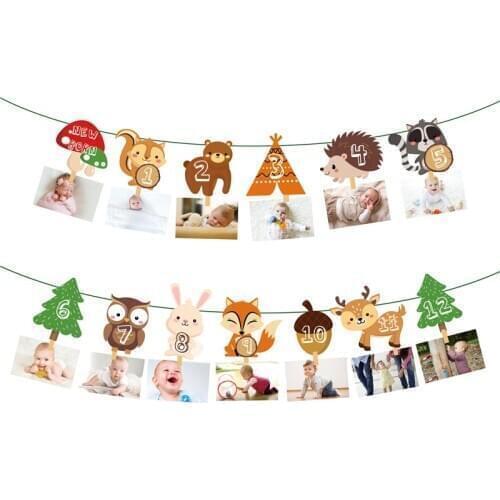 Baby Shower Woodland Photo Dispaly Banner Forest Owl Raccoon Fox Cartoon Animals Wall Hanging Banner Kid Birthday Party Supplies