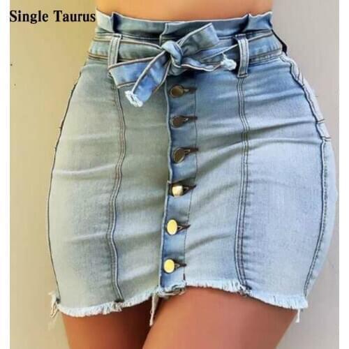 Bodycon Sexy Jeans Skirt Ladies 2020 Summer Button Fly High Waist Skirt Women Bowknot Streetwear Slim Pocket Denim Skirt Mujer