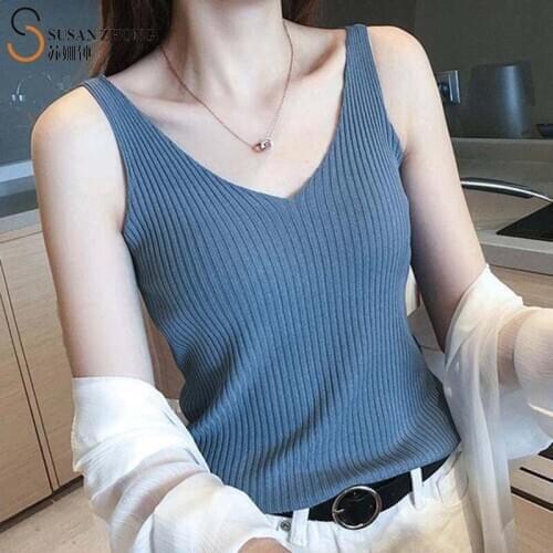 Women Camisoles Female Sleeveless Vest Under-Waist Tops Spring Sexy Intimates Knitted Bra V-Neck Thin Strap Elegant Basic Cotton