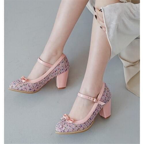 2019 New comfy Mary Jane High Heel Shoes Fashion Round Toe Buckle Shoes Women Cute Bow Knot Square Heel Pumps Black Pink Beige