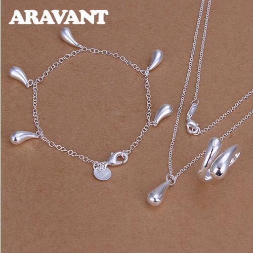 New Fashion Silver 925 Pendant Necklace Ring Bracelets 3pcs Women Water Drop 925 Silver Jewelry Set Gifts
