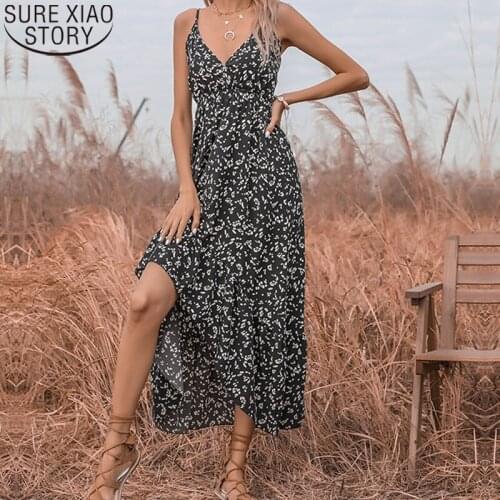 2021 Sexy New Summer Dresses Vestidos European and American Chiffon Print V-neck Irregular Sling Dress Long Dress Woman 14979