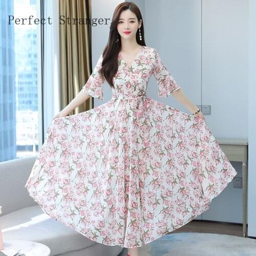 High Quality 2021 Summer Dress For Women V Collar Floral Printed Flare Sleeve Women Chiffon Long Dress