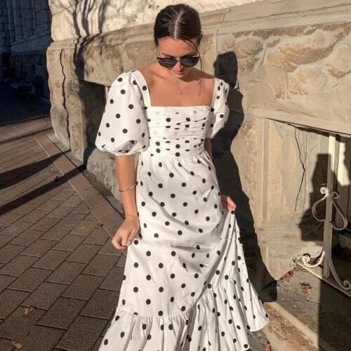 Square neck Polka Dot dress taffeta bubble sleeve vintage elegant women dress