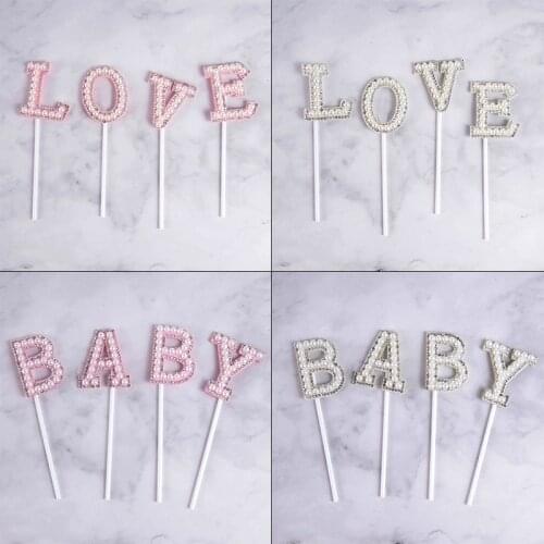 1 Set Baby Love Faux Pearl Rhinestone Cake Topper Baby Shower Decor Letter Cupcake Topper For Wedding Birthday Party Cake Tools