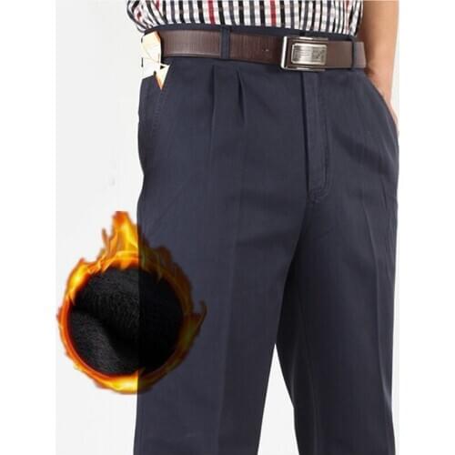 2021 New Warm Thick Fleece Winter Casual Pants Men Loose Straight Classic High Waist Cotton Office Trousers Plus Size