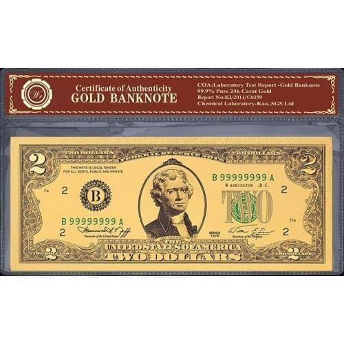 5pcs/lot 24k Gold Banknote Golod Banknote Quality Fashion Metal Crafts Paper Money Copy Bank Note USD 2 Dollar Banknote