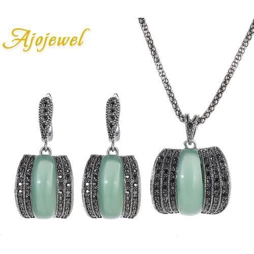 Ajojewel Original Fine Vintage Green Stone Jewelry Sets For Women Bijoux Lady New Model CZ Jewellery Sets