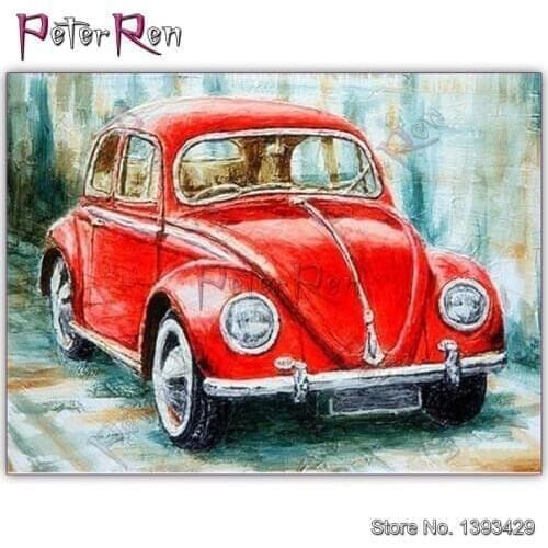 Diamond Embroidery red retro car Beetle Full drill Square Mosaic Painting Sale scenery round Crystal Cross stitch Wall sticker