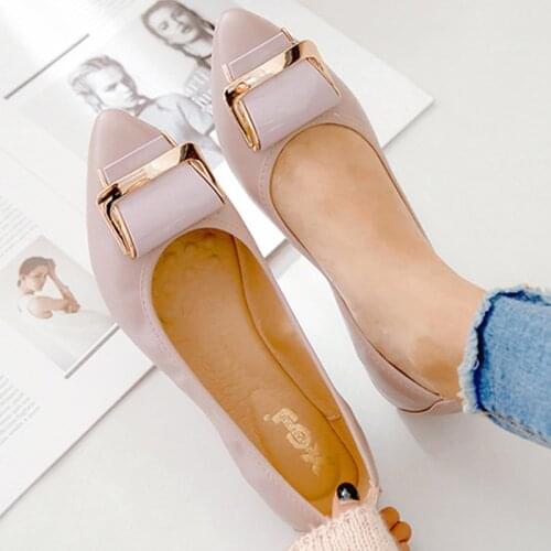 Metal Square buckle patent leather foldable ballet flats women slip on ballerina comfy pointed toe roll-up flats shoes women2020