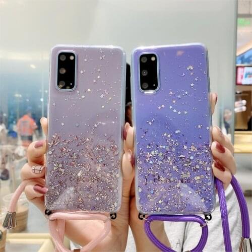Shining Glitter Stars Sequins Clear Case for Samsung M51 M30S M31 M21 M30 A80 A90 A70 A2 Core Epoxy Hanging Rope Soft TPU Cover