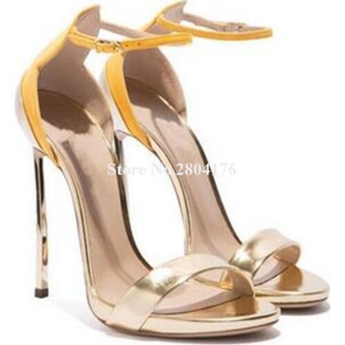 Brand Design Women Fashion Open Toe Metal Stiletto Heel Sandals Patchwork Colors Gold High Heel Sandals Dress Heels Shoes