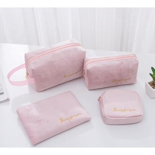 Women Cosmetic Bag Toiletries Tool Travel Organizer Solid Color Storage Easy carry Case Flannel Zipper Ladies Makeup Bag