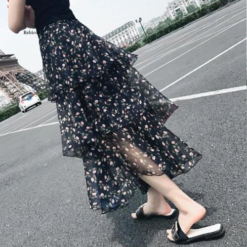 Summer chiffon skirt Fashion Casual Summer Women Trendy Set Slim Short Sleeve O Neck T-shirt Top Floral Tiered Midi Skirt Set
