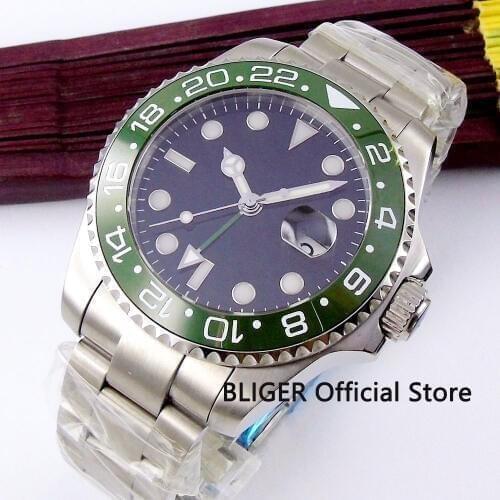 BLIGER 40mm Black Sterile Dial Green Ceramic Bezel Luminous Marks Stainless Steel Band GMT Automatic Movement Mens Watch B318
