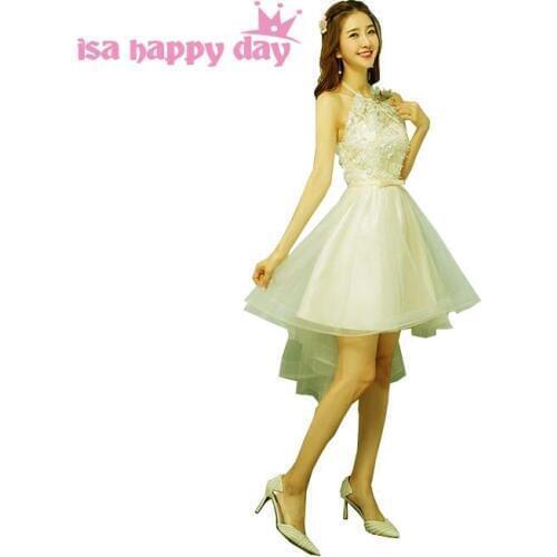 Champagne cheap high low bridesmaid dress short modest bridemaids pretty dresses short in front long in back for party H4267
