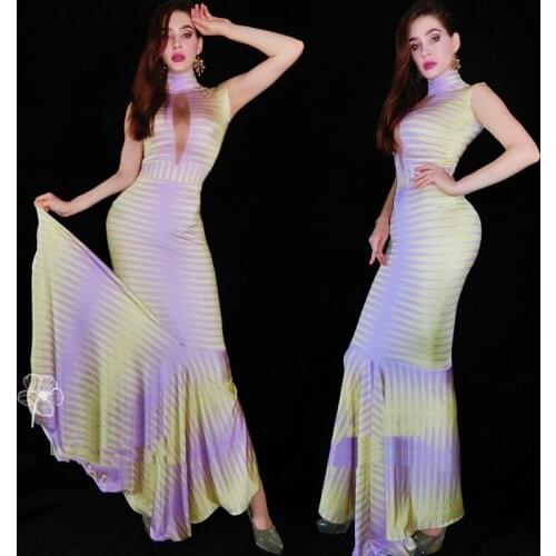 New Nightclub Female Singer Rhinestone Dress Drag Queen Costumes See Through Mesh Long Sleeve Slim Festival Clothing DWY5337