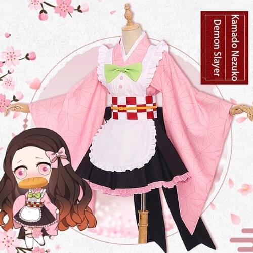 New Demon Slayer Cosplay Kimetsu No Yaiba Costume Kamado Nezuko Cute Maid Kimono Lovely 360 Degree Sun Skirt Girl Clothes Wigs