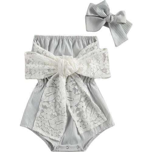 New 2Pcs Baby Summer Outfits Stripes Strapless Rompers with Bowknot + Hairband Suit for Toddler Girls 0-24 Months
