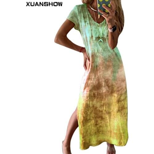 XUANSHOW Dresses for Women 2021 Long Summer Bohemia Tie-dye Print V-neck Slit Bohemia Short-sleeved Dress Robe Femme Vestidos